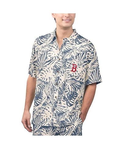 Margaritaville Men's Navy Boston Red Sox Monstera Print Party Button-Up Shirt