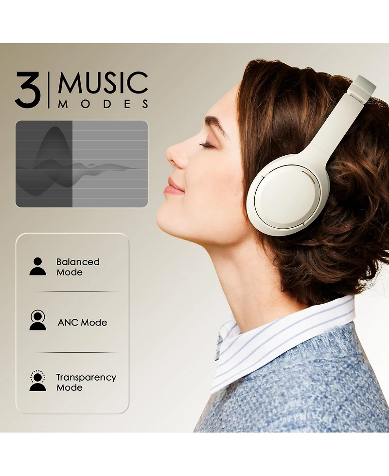 Sugift Beige Over-Ear Bluetooth Headphones with Noise Cancellation