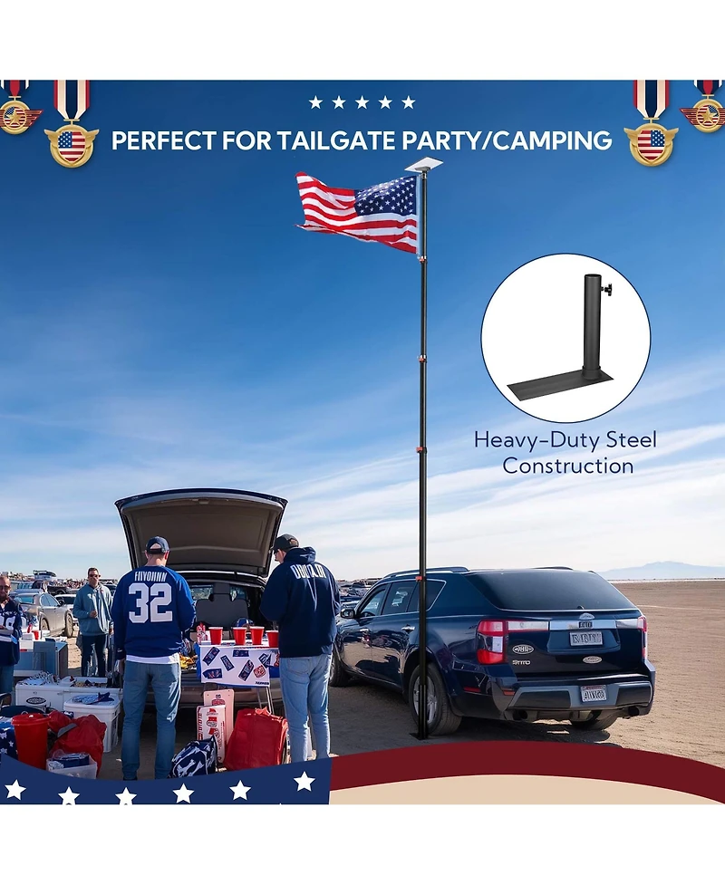 Yescom Ez Go 14ft Telescopic Flag Pole Kit with Starlink Mini Pipe Adapter & Tire Mount Base for Outdoor Tailgate Party, Sliver