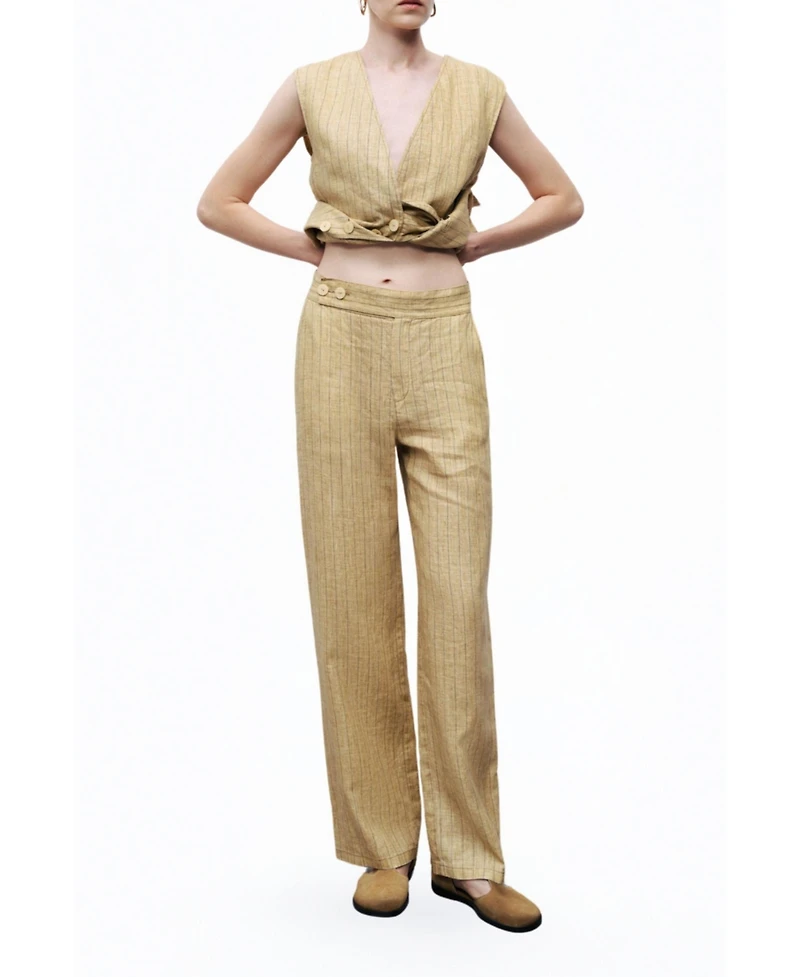 Nocturne Women's Linen Striped High-Waist Pants