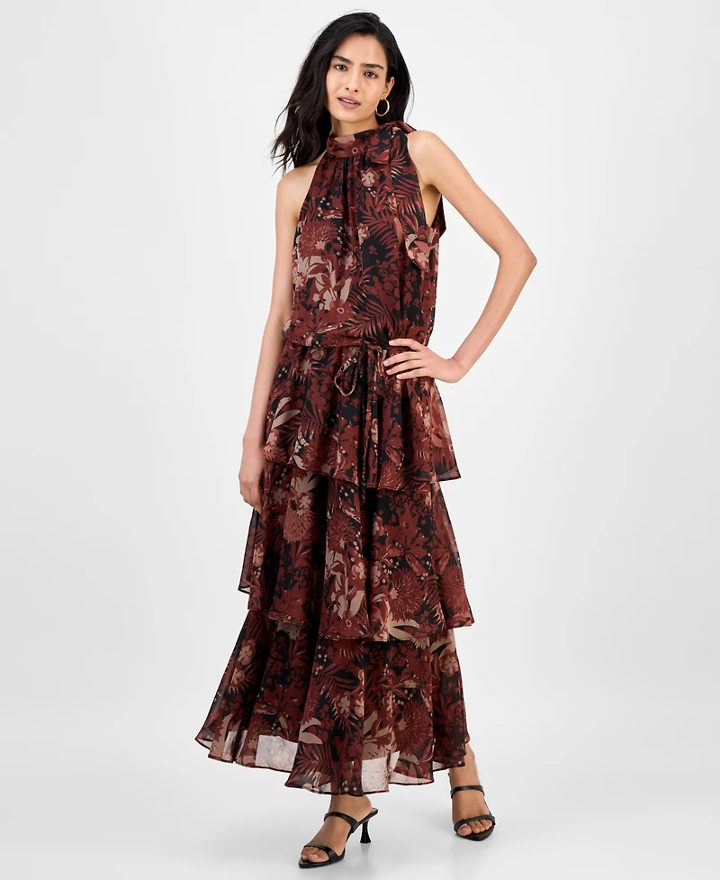 julia jordan Women's Tie-Neck Blouson Tiered Maxi Dress