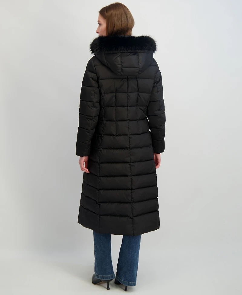 Tahari Womens Maxi Shine Bibbed Faux-Fur-Trimmed Hooded Puffer Coat