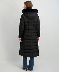 Tahari Womens Maxi Shine Bibbed Faux-Fur-Trimmed Hooded Puffer Coat