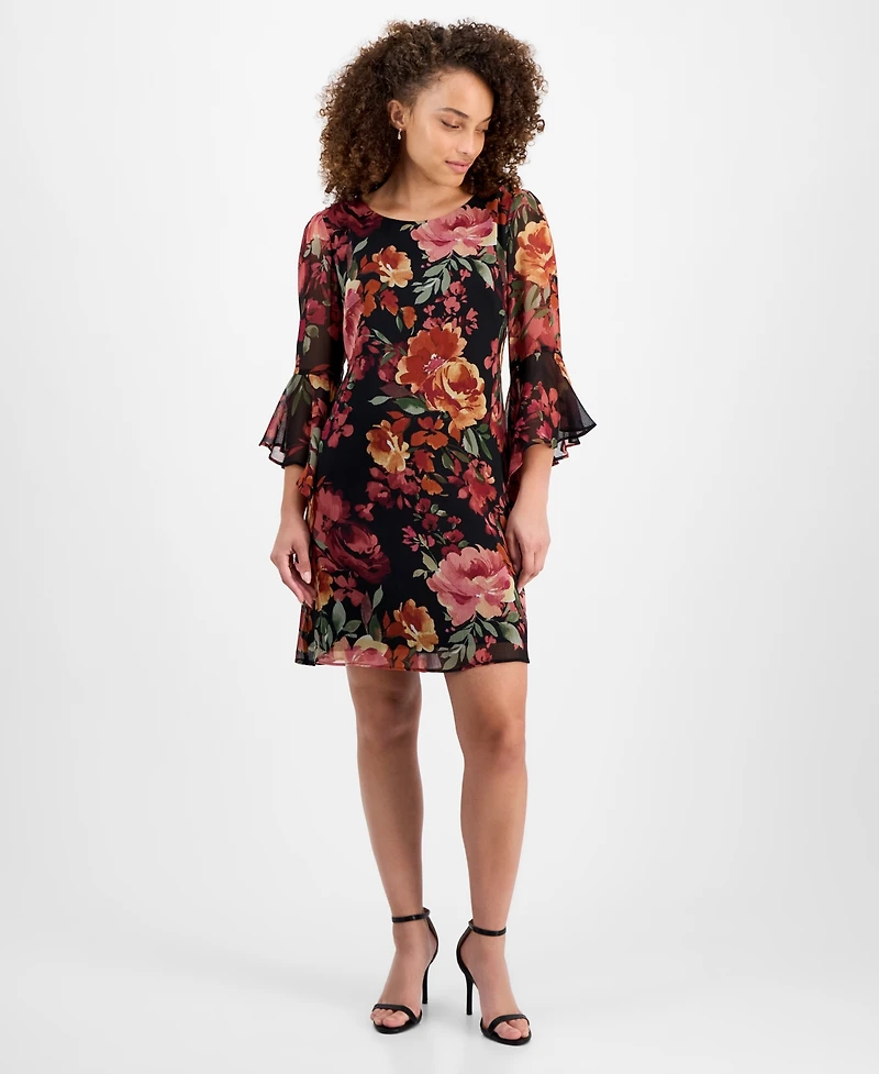 Connected Petite Floral-Print Bell Flare-Sleeve Dress