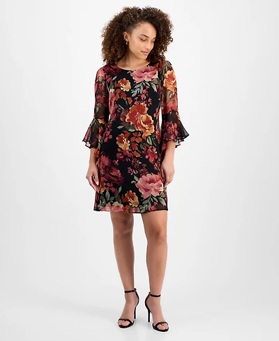 Connected Petite Floral-Print Bell Flare-Sleeve Dress