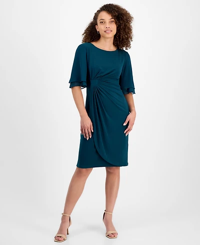 Connected Petite Gathered Flutter-Sleeve Dress