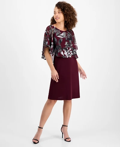 Connected Petite Floral Cape-Overlay Sheath Dress