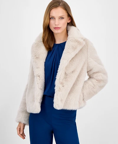 Anne Klein Petite Notch-Collar Crop Faux-Fur Jacket