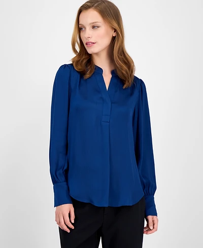 Anne Klein Women's Satin Pleated V-Neck Blouse