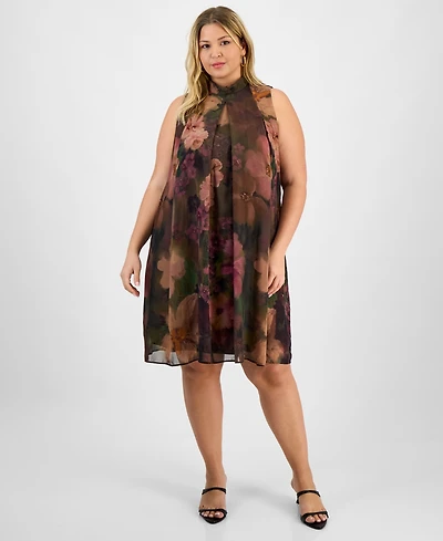 Robbie Bee Plus Floral Chiffon Mock-Neck Dress