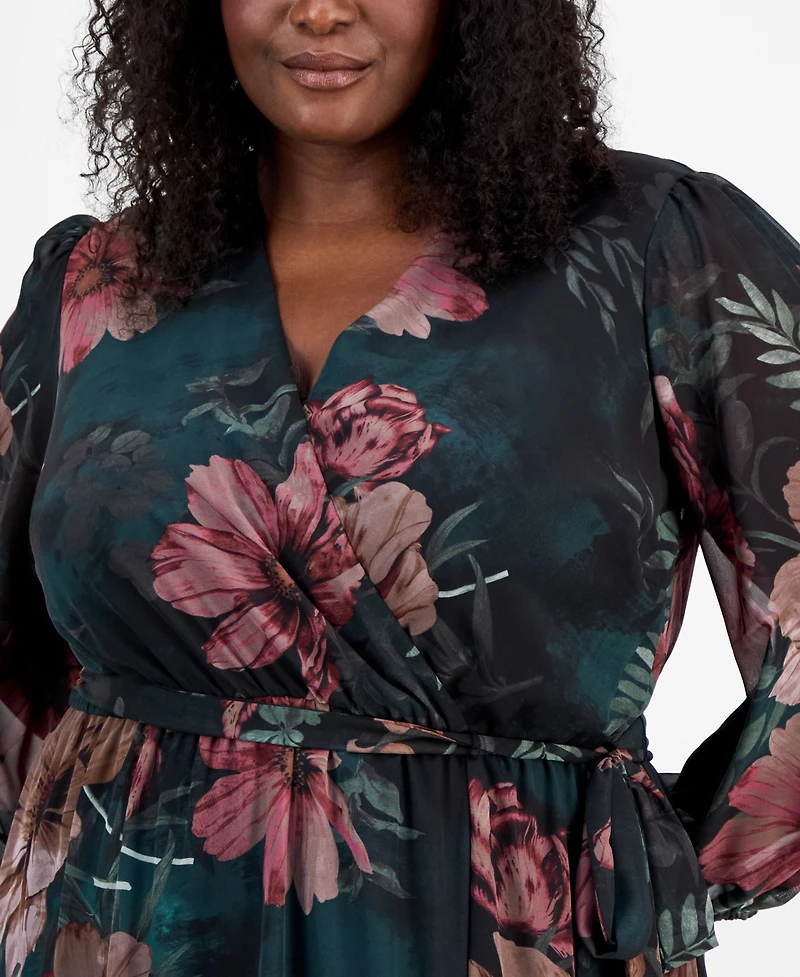 Robbie Bee Plus Floral-Print Faux-Wrap Dress
