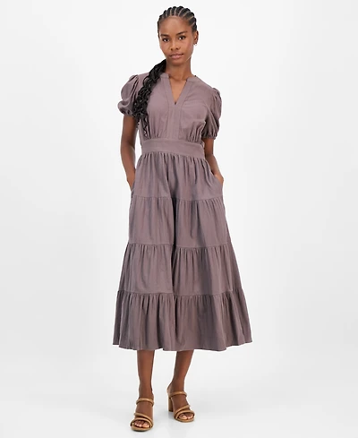 Robbie Bee Petite Puff-Sleeve Tiered Midi Dress
