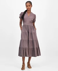 Robbie Bee Petite Puff-Sleeve Tiered Midi Dress