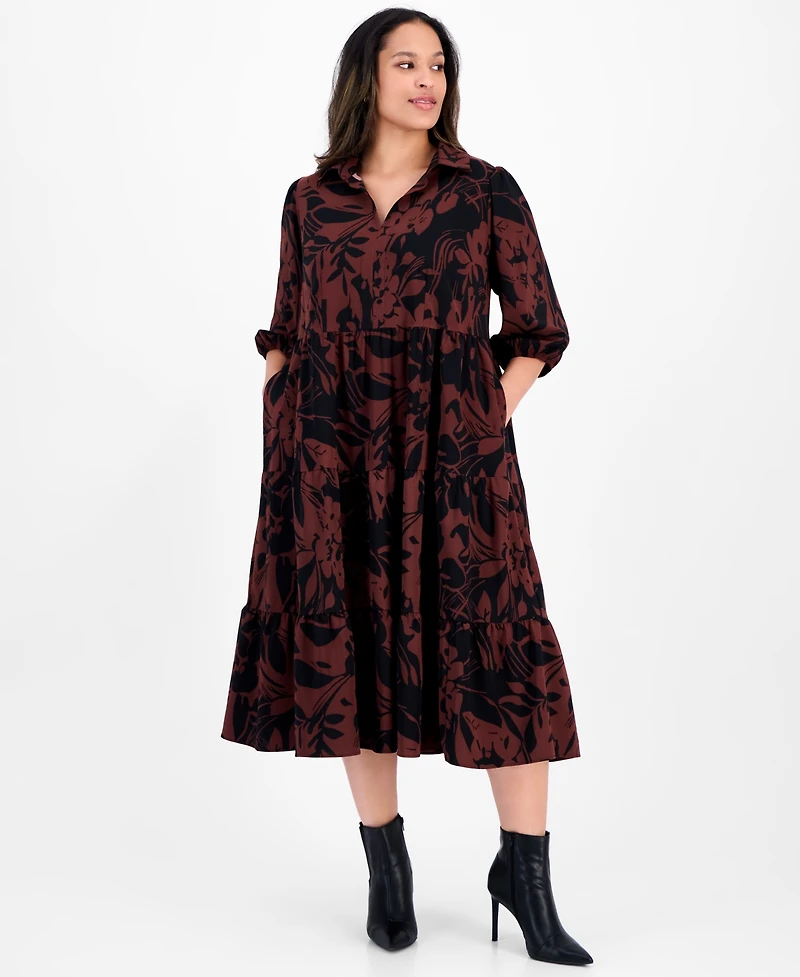Sandra Darren Plus 3/4-Sleeve Tiered Midi Dress