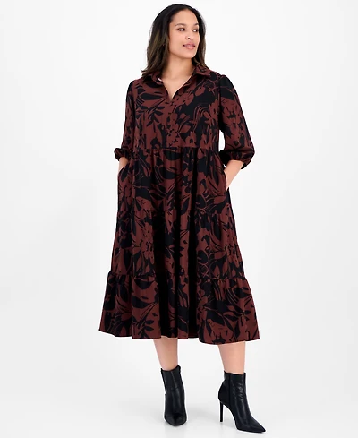 Sandra Darren Plus 3/4-Sleeve Tiered Midi Dress