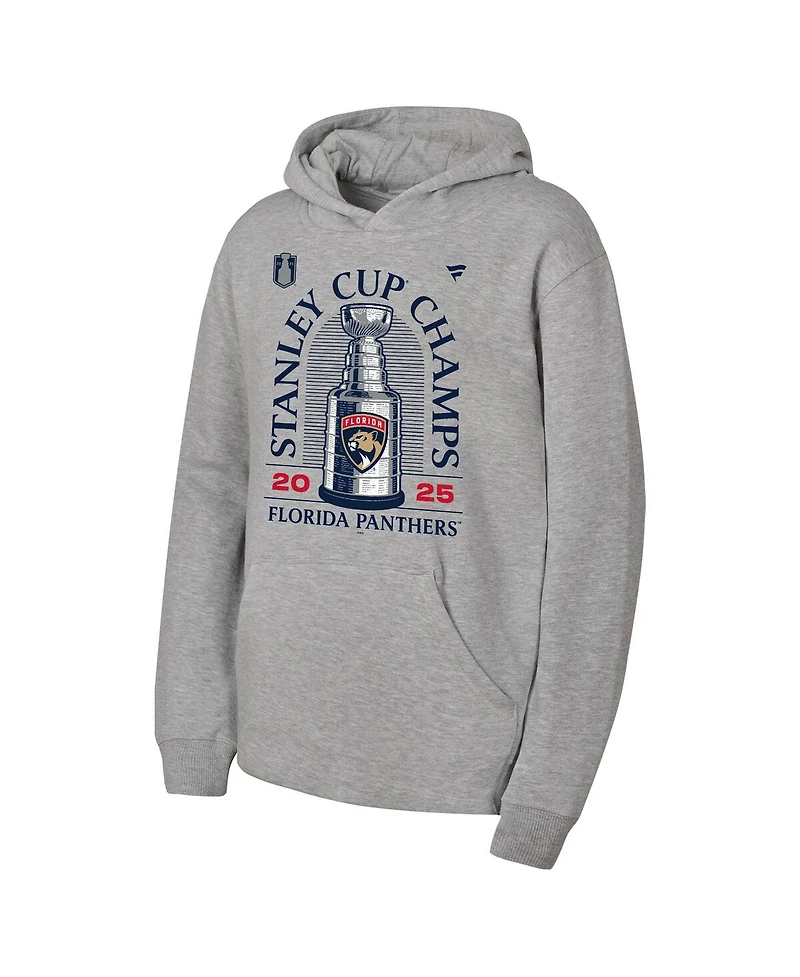 Fanatics Big Boys and Girls Heather Gray Florida Panthers 2025 Stanley Cup Champions Locker Room Pullover Hoodie