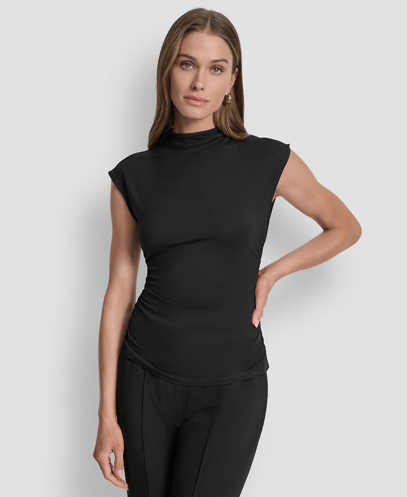 Dkny Women's Mock-Neck Sleeveless Side-ruched Knit Top, Regular & Petite