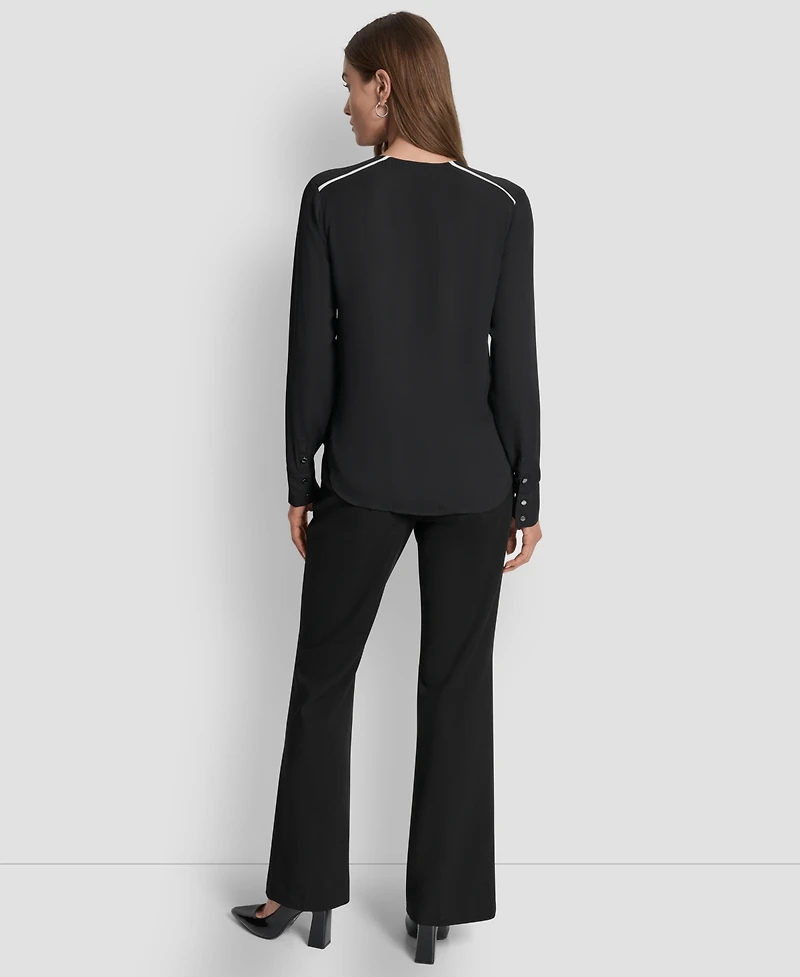 Dkny Women's Long Sleeve Trimmed Lapel Blouse, Regular & Petite