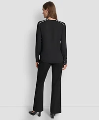 Dkny Women's Long Sleeve Trimmed Lapel Blouse, Regular & Petite