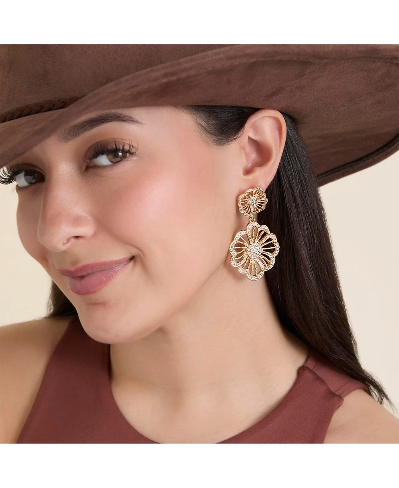 Jessica Simpson Gold-Tone Floral Drop Earrings with Pave Crystal Accents