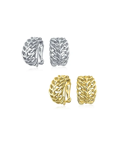 Bling Jewelry Set of 2 Open Weave Leaf Design Clip-On Earrings For Non-Pierced Gold Plated