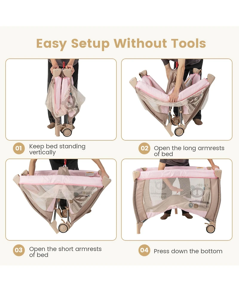 Costway Kids Portable Playard Nursery Center Crib with Hanging Toys & Music Box Unisex 0-3 Years