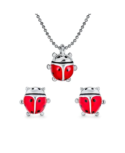 Bling Jewelry Small Red Enamel Ladybug Pendant Necklace and Stud Earrings Set Gold Tone