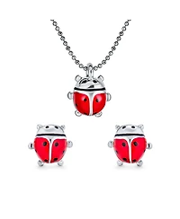 Bling Jewelry Small Red Enamel Ladybug Pendant Necklace and Stud Earrings Set Gold Tone
