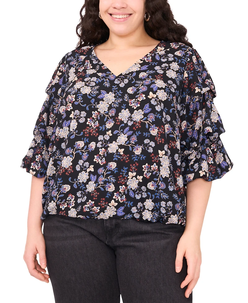 Vince Camuto Women's Plus Printed V-Neck Bubble Sleeve Top