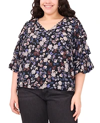 Vince Camuto Women's Plus Printed V-Neck Bubble Sleeve Top