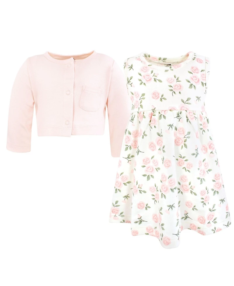 Hudson Baby Toddler Girls Cotton Dress and Cardigan Set, Soft Pink Sage Rose