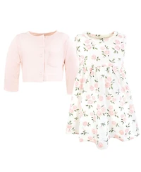 Hudson Baby Toddler Girls Cotton Dress and Cardigan Set, Soft Pink Sage Rose