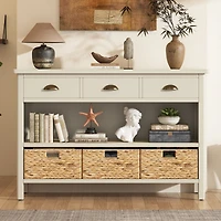 Casainc Console Table Cabinet with 3 Storage Drawers Water Hyacinth Woven Baskets