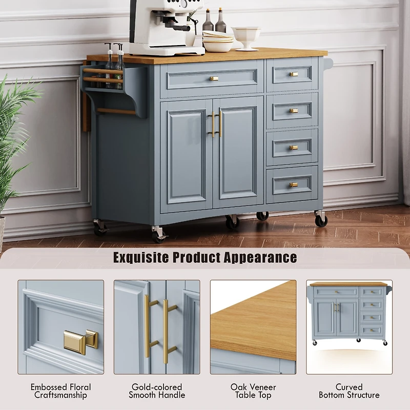 Casainc 52" Rolling Kitchen Island with Drop Leaf, Spice Rack, Towel 2 Doors, 5 Drawers, Adjustable Shelf (No Stools)