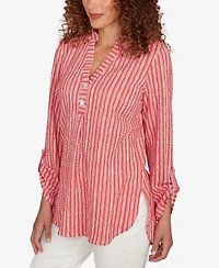 Ruby Rd. Petite Crinkle Knit Striped Henley Top