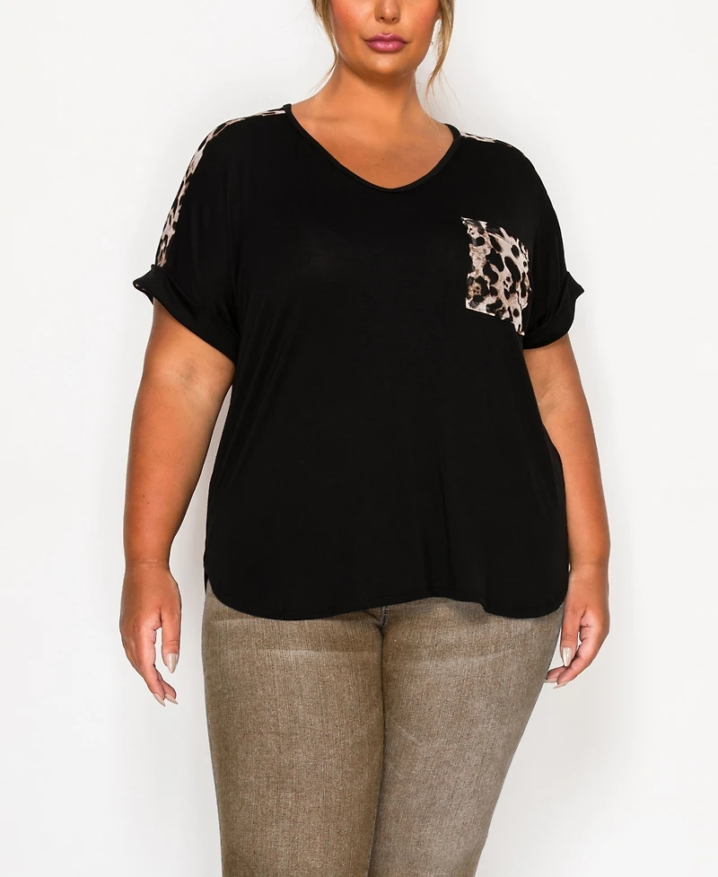 Coin 1804 Plus Leopard Print Mesh Pocket Shoulder Rolled Sleeve Top