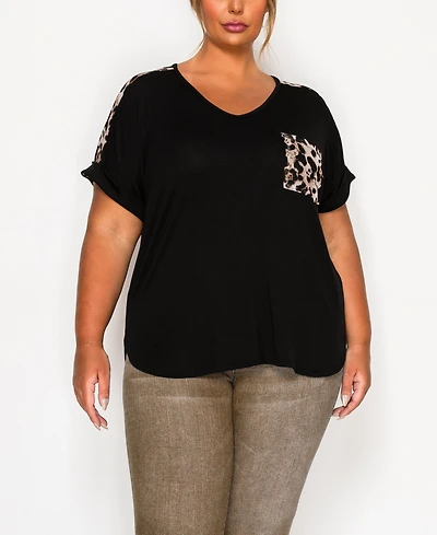 Coin 1804 Plus Leopard Print Mesh Pocket Shoulder Rolled Sleeve Top