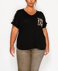Coin 1804 Plus Leopard Print Mesh Pocket Shoulder Rolled Sleeve Top