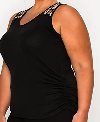 Coin 1804 Plus Leopard Print Mesh Yoke Inset Side Ruched Tank Top