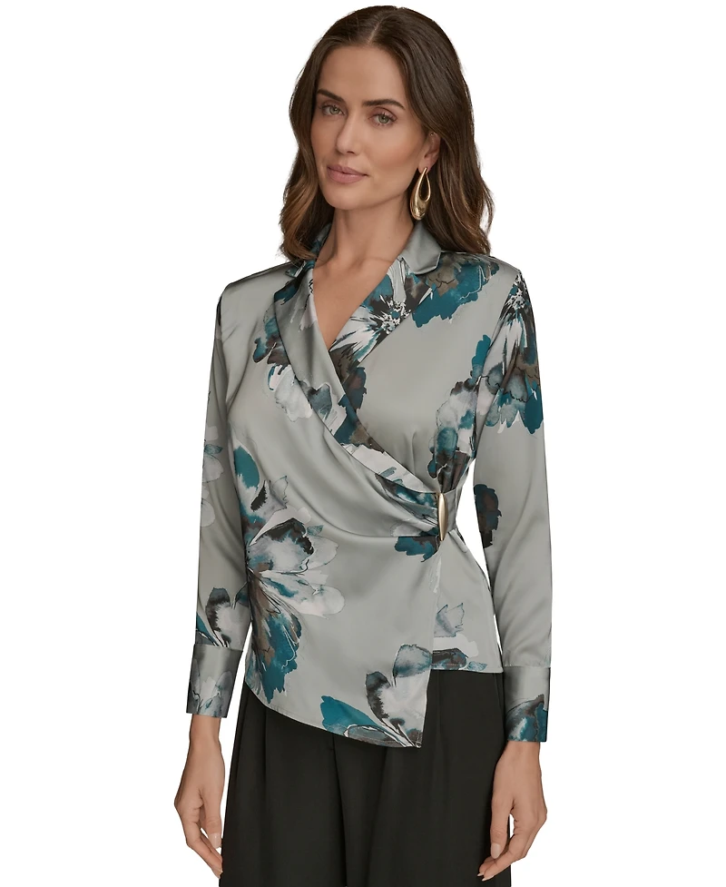 Donna Karan New York Petites Long-Sleeve Printed Shawl-Collar Blouse