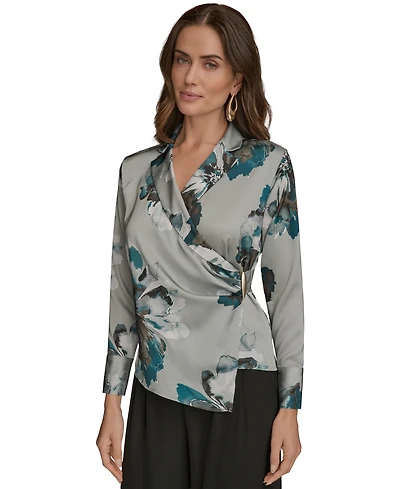 Donna Karan New York Petites Long-Sleeve Printed Shawl-Collar Blouse