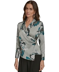 Donna Karan New York Petites Long-Sleeve Printed Shawl-Collar Blouse
