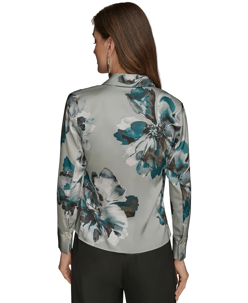 Donna Karan New York Petites Long-Sleeve Printed Shawl-Collar Blouse