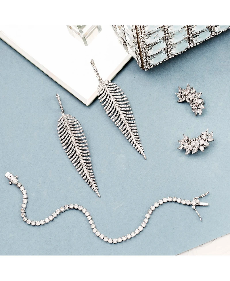 Bling Jewelry Modern Statement Large Long Linear Leaf Pave Cz Cubic Zirconia Chandelier Earrings Prom Rhodium Plated