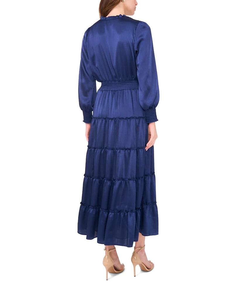 Msk Women's Long-Sleeve Tie-Neck Smocked-Waist Tiered Maxi Dress