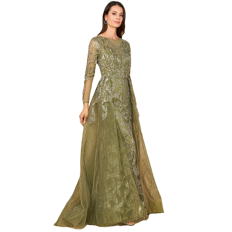 Lara Women's Long Sleeve Gown with Overskirt & High Neck