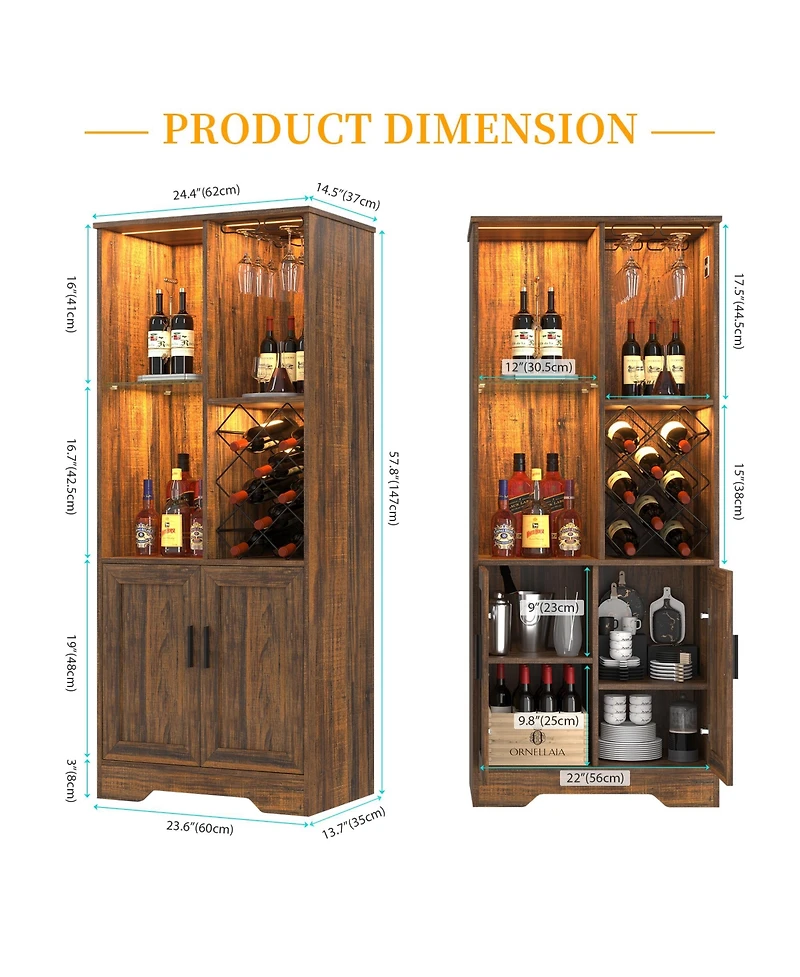 Vlsrka Modern style home bar cabinet with Led lights and tempered glass doors.