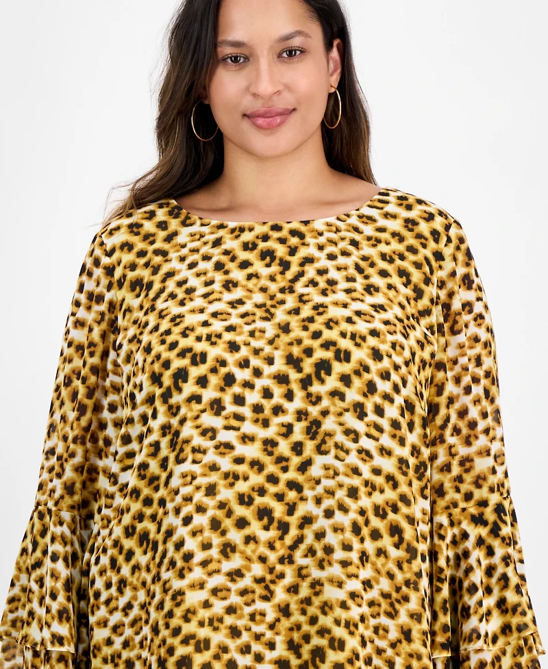Kasper Plus Tiered Ruffle-Sleeve Printed Blouse
