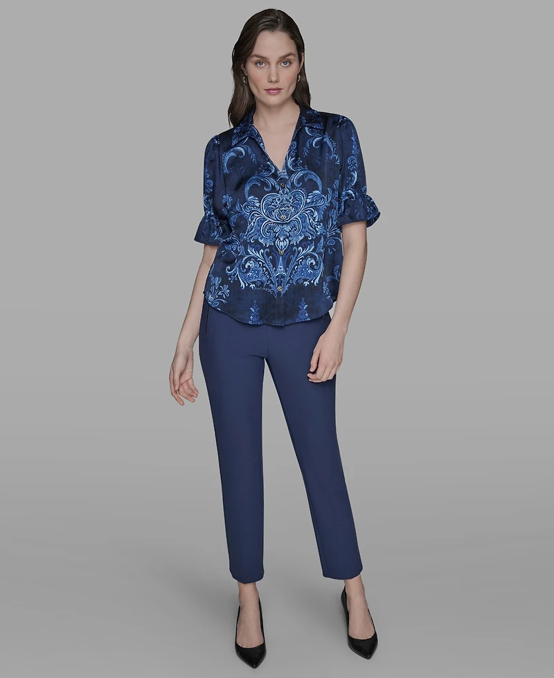 Karl Lagerfeld Paris Petite Printed Puff-Sleeve Button-Front Shirt