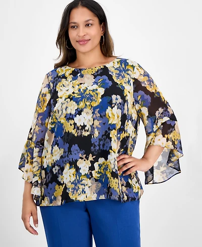 Kasper Plus 3/4-Ruffle Sleeve Printed Blouse